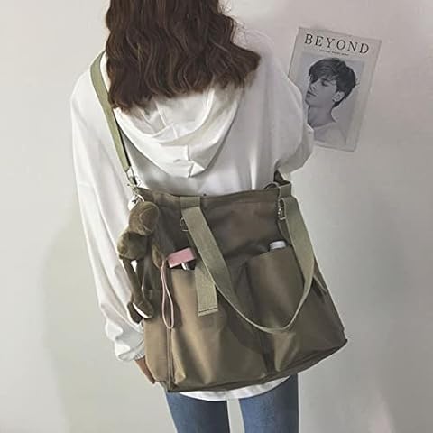 SUYGGCK Backpack Waterproof Bag Large Capacity Canvas Bag Female Messenger Harajuku One-Shoulder Large Bag Tote Bag-Green Pendant Cover