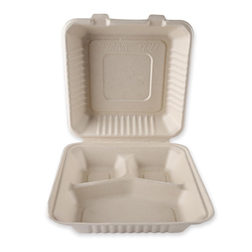 FRANZ MENSCH 25 Stück NATUREStar Menüboxen mit Klappdeckel, 3-geteilt | Zuckerrohr, Packung, natur, V: 1,2l, L: 23cm, B: 23cm, H: 8,5cm, Menüboxen, Lunchboxen, Klappboxen