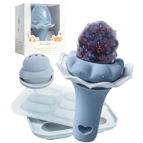 Image of Moonkie Baby Fruit Feeder with Freezer Tray, BPA Free Silicone Food Feeder for Infant Self Feeding, Breastmilk Popsicle Molds, Mesh Feeder with Two Pouches, Baby Shower Gifts 4 Months+, 1 Pack