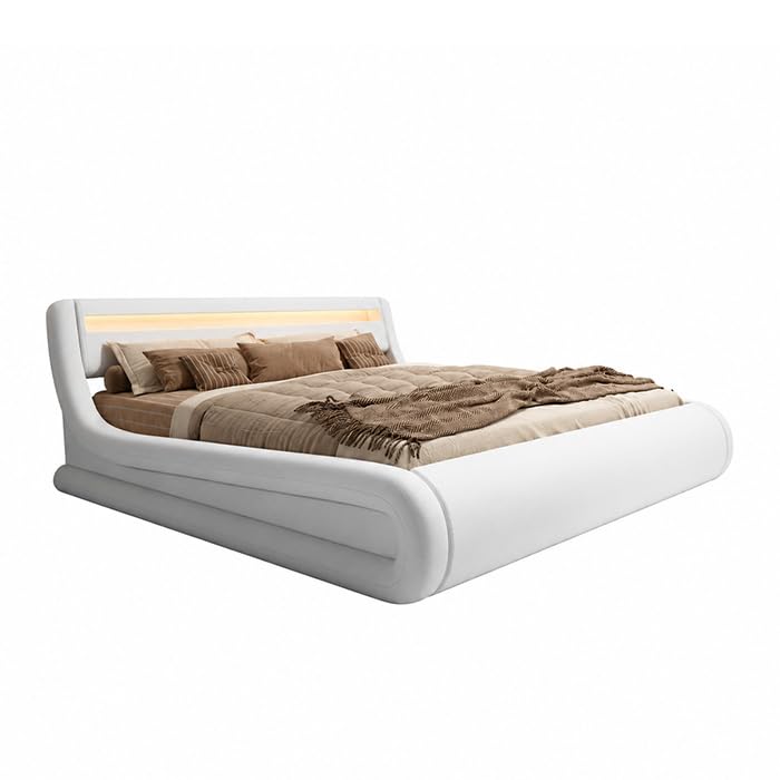 MB Muebles Bonitos | Cama de Matrimonio Rodas para Colchón de 180x200 cm | Luz LED | Canapé Abatible | Somier de Láminas | Estructura de Madera tapizada en Polipiel | Color Blanco