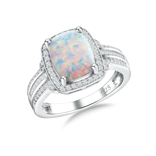 RANDES Created Opal Engagement Ring Silver Cushion Cut Wedding Promise Ring