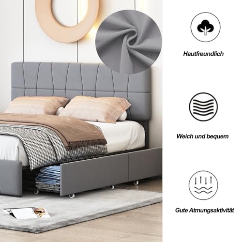 LLODERY Polsterbett 160x200 mit 4 Schubladen, Jugendbett mit höhenverstellbarem Kopfteil, Doppelbett mit Stauraum, boxspringbett mit lattenrost, Metallrahmen und Lattenrost aus Holz, Samt, Grau – Bild 4