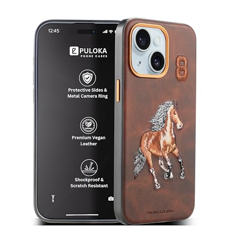 Image of PULOKA - Mobile Cover for iPhone 13 - Horse Embroidery - Sleek & Stylish - Protective & Anti Scratch Phone Cover Vegan Leather Back Case - Men & Women - Santa Barbara Polo (Brown)