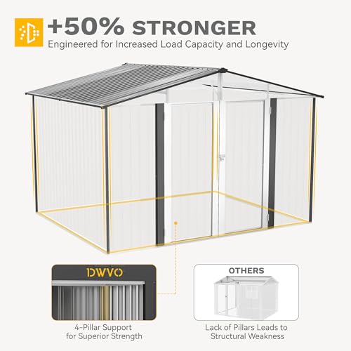Image of DWVO 10x8FT Outdoor Storage Shed, Spacious Metal Tool Shed with Lockable Doors & Ventilation for Patio, Lawn, and Backyard, Ideal for Storing Garden Equipment, Lawnmowers, and Bicycles, Dark Gray