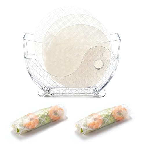 Porta bolsas de papel de arroz, recipiente de gran capacidad para 30 hojas de rollitos de primavera o rollitos de verano, bandeja para papel de arroz fácil de limpiar para hornear en la cocina (28 cm)