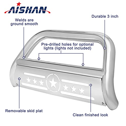 Aishan Bull Bar Pickup Truck 3" Brush Grille Guard With Removable Skid Plate Front Bumper, Compatible With 2011-2016 Ford F250 F350 F450 F550 Super Duty, Silver Stainless Steel #TOP1