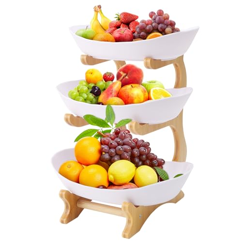 Sonhomay Corbeille à fruits à 3 niveaux avec support en bois pour divertir les fruits, les légumes, les apéritifs, les desserts, les noix, les gâteaux,...