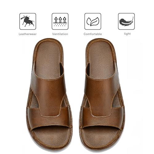 Image of Men's Leather Cutout Slides Sandals Comfortable Lightweight Open Toe Anti-Slip Soft Bottom Slip On Slippers Summer Outdoor Casual Beach Sandals