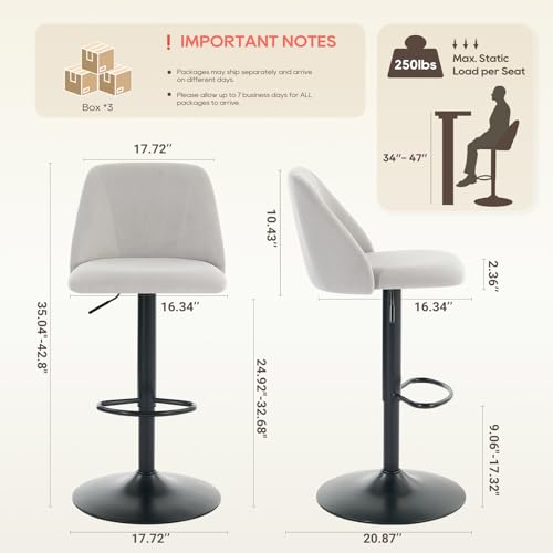 COLAMY Bar Stools Set of 6, Modern Swivel Bar Chairs, Adjustable Upholstered Barstools Counter Height with Full Backrest for Bar, Dining Room, Kitchen Island, Grey