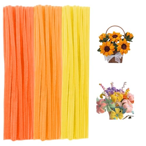 300 Pieces Pipe Cleaners Chenille Stem 3 Gradient Orange Yellow Pipe Cleaners Set for Fall Thanksgiving Pipe Cleaners DIY Arts Crafts Decorations Chenille Stems Pipe Cleaners (Yellow)