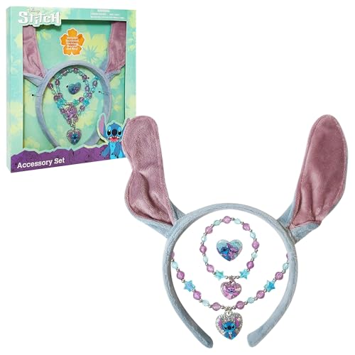 LUV HER Disney Licensed Stitch Headband with Ears for Girls - Kids Jewelry Dress Up Set All in one Giftable Box - Play Jewelry Set - 4pc (Toddler Headband Necklace Dress Up Bracelet Ring) Ages 3+