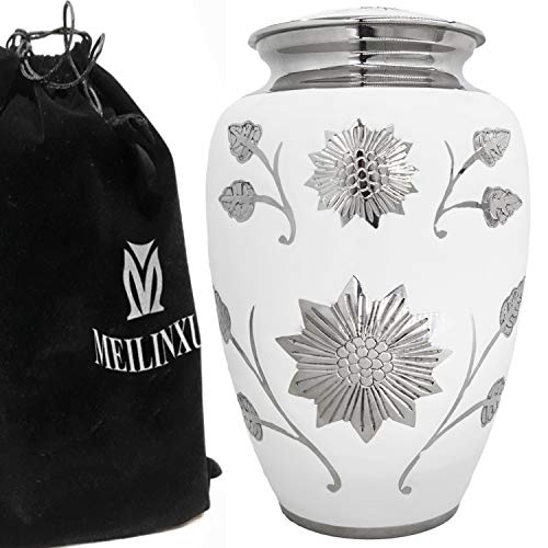 Cremation Urn for Human Ashes Adult Large, Funeral Urn for Men and Women - Brass Hand Engraved - Display Burial at Home or in Niche at Columbarium (White Rose Urn for Ashes Mother /Father