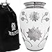 MEILINXU Funeral Urn Cremation Urns for Human Ashes Adult and Memorial - Hand Made in Brass and Hand Engraved - Display Burial Urns at Home or in Niche at Columbarium (Rosedale White, Large Urn)