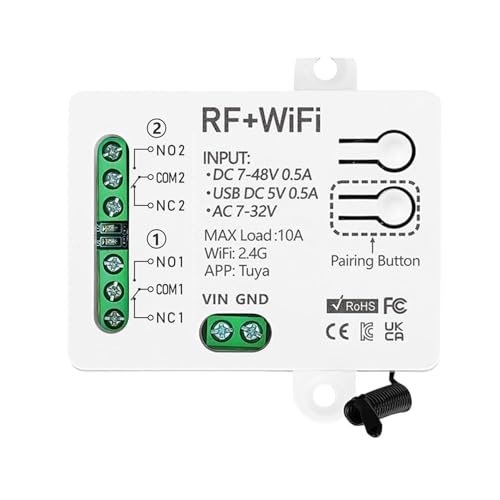 DOMO-MATIC Kit Interruptor Inteligente WiFi RF 2 Mandos a Distancia Módulo Relé Inalámbrico 2 Canales 220v 7-48vdc 10A Compatible con Alexa Google Home Tuya (1 Receptor 7-48Vdc 2ch)