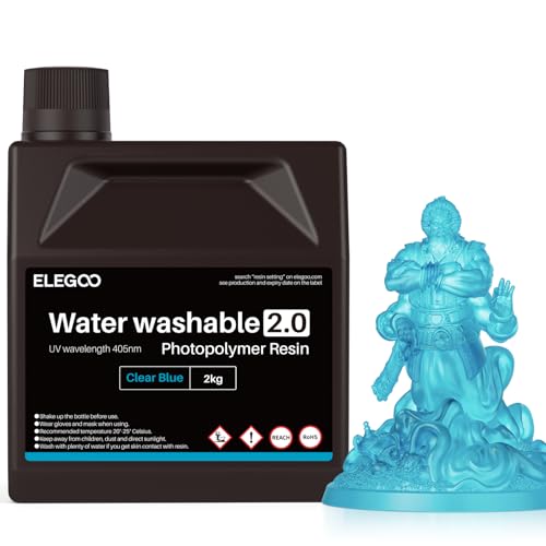 ELEGOO Upgraded Water Washable 3D Printer Resin 2.0, 405nm UV-Curing 3D Resin with Lower Shrinkage and Higher Precision for LCD 3D Printing Clear Blue 2000g