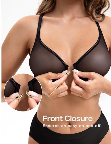 Deyllo Women's Front Closure Sexy See-Through Underwire Bra Sheer Unlined Racerback Bra for Everyday4