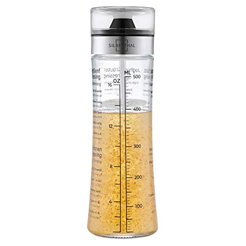 SILBERTHAL Salad Dressing Shaker - Sturdy Glass & Stainless Steel - Glass-Printed Recipes - 500ml Dishwasher Safe Cover