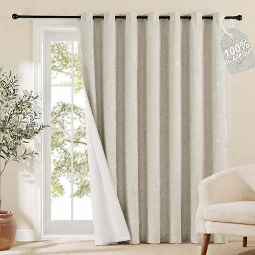 Image of NICETOWN 100% Blackout Linen Sliding Door Curtains with White Liner Composite, Grommet Extra Wide Window Treatments Room Divider Drapes for Bedroom /Living Room, Ivory, W100 x L84, 1 Panel