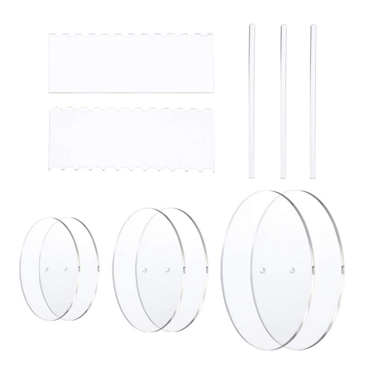 jojofuny Ensemble de 11 Pièces pour Décoration de Gâteaux en Acrylique Transparent, 6 Disques Ronds, 2 Racloirs Rectangulaires et 3 Piliers, Accessoires de Pâtisserie Professionnels
