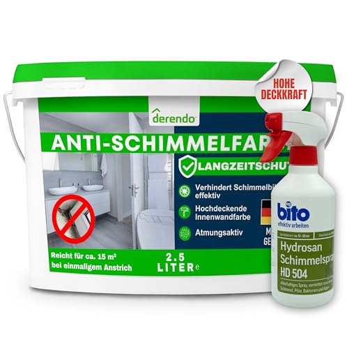 derendo Anti Schimmelfarbe 2.0 für feuchte Räume Badezimmer Schlafzimmer Wandfarbe innen weiß sehr hohe Deckkraft Schimmelbeseitigung Schimmelentferner Langzeitschutz (2.5 Liter + Schimmelentferner)