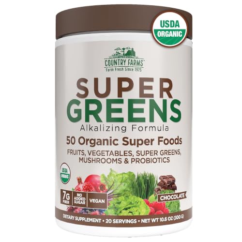 Country Farms Organic Super Greens Powder Daily Greens Drink Mix with 50 Organic Superfoods Fruits Vegetables Fiber Mushrooms & Probiotics for Gut Health Digestion & Energy Chocolate Flavor
