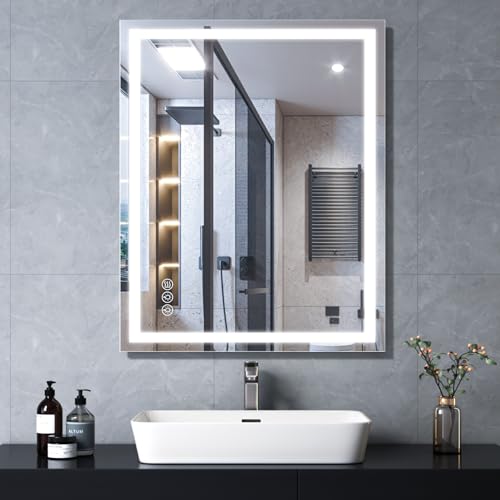 Sorvita Led Bathroom Mirror with Light 24"x30" Frameless Lighted Vanity Mirror Wall Mount, Fogless, 3 Color Mode, Stepless Dimmable Front Light and Backlit, Smart Touch Sensor, Tempered Glass