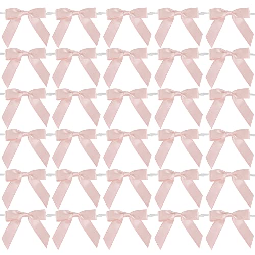 AIMUDI Small Rose Gold Bows 2.5" Pretied Satin Bows for Crafts Twist Tie Bows for Treat Bags Premade Mini Bows for Wedding Bridal Shower Bithday Baby Shower Decor - 50 Counts