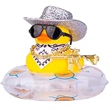 MuMyer Anillo de natación para decoración de tablero de automóvil, pato de vaquero, accesorios de adorno de pato de goma con mini anillo de natación, sombrero de vaquero, bufanda, collar y gafas de