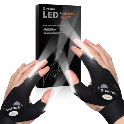 ThxToms LED Flashlight Gloves,Stocking Stuffers Gifts for Men Dad Him, Christmas Birthday Gifts for Men Adults Boyfriend, Cool Gadget Finger Lights for Fishing,Repairing Camping, 1 Pair Black