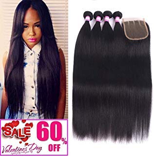Malaysian Lace Closure with Bundles Human Hair Straight 4 Bundles with Closure Malaysian Virgin Hair with 4x4 Closure Malaysian Straight Hair (24/26/28/30+20 Inch)