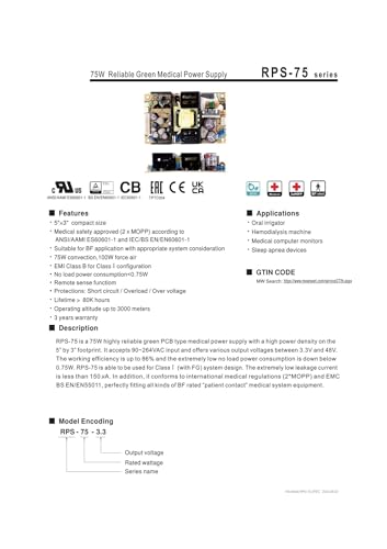 Alimentation 75 W RPS-75-24 pour circuit médical et châssis ouvert