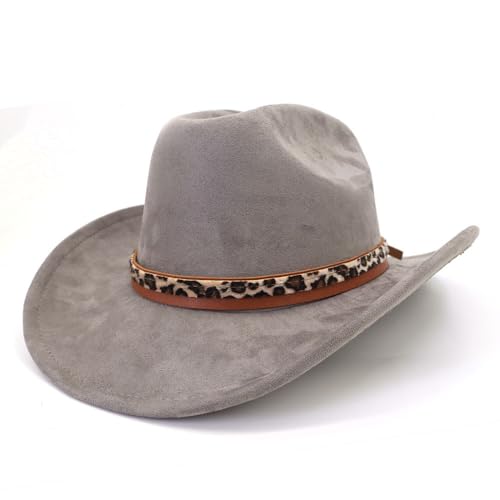Image of Classic Suede Cowboy Hat for Adult Wide Brim Western Cowgirl Hat Women Fedora Hat with Leopard Print Hatband