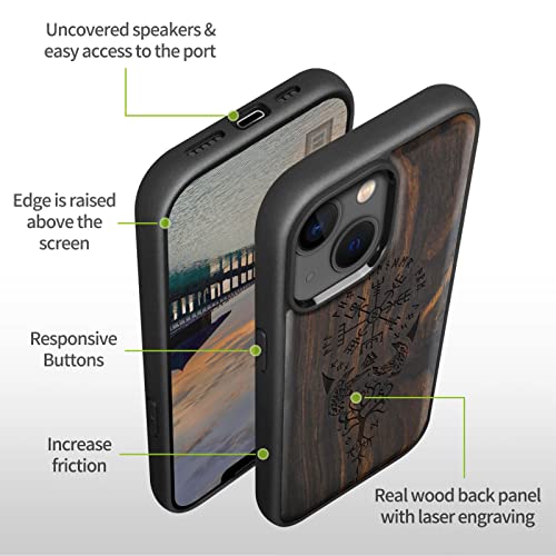 Carveit-Magnetic-Wood-Case-for-iPhone-14-Case-Hard-Real-Wood-Soft-TPU-Shockproof-Hybrid-Protective-Cover-Unique-Classy-Wooden-Case-Compatible-with-MagSafe-Viking-Compass-Vegvisir-Blackwood