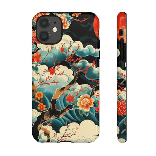 Coque rigide brillante iPhone 11 orange avec motif floral branche et lune