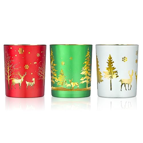 Joeyan Conjunto de 3 portavelas votivas navideños con patrón de venado, árbol y Copo de Nieve, portavelas de Cristal para Velas de té para Decorar Mesa, Chimenea y repisa en Navidad