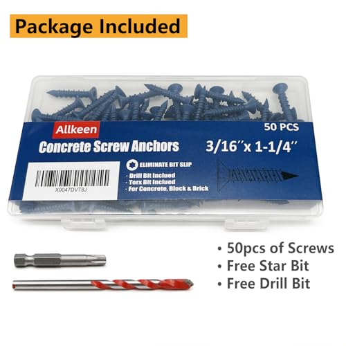 Allkeen PNCS316114BLU50P-USA 3/16 Inch X 1-1/4 Inch Concrete Screws, Anchoring To Masonry, Brick, Block thumb #6