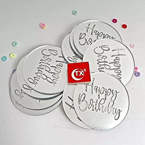 6 Pack Happy Birthday Cupcake Topper 2" Inches Round Disk Gold, Rose Gold & Silver Acrylic Cake Topper Laser Cut Party Decoration (Silver x 6) Cover