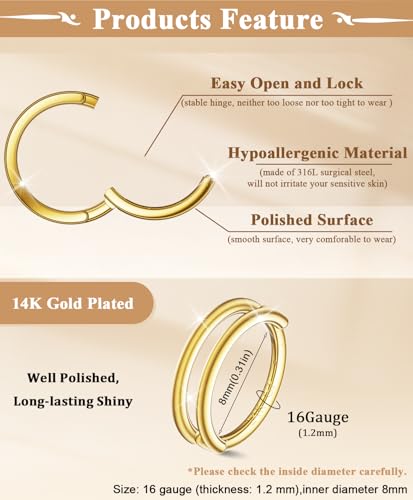 14K Gold Plated Gold Cartilage Hoop Earrings Double Hoop 16G Helix Earrings with 3 Pairs Threadless Flat Back Studs, 316L Surgical Steel Hypoallergenic Piercing Jewelry for Women & Men2