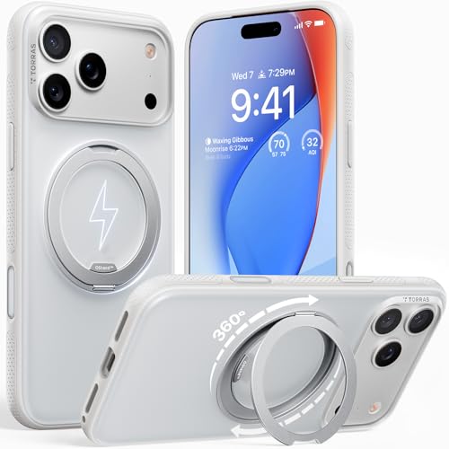 TORRAS iPhone 17 Pro Max 用ケース 【カチカチ・多機能360度回転スタンド】リング Ostand O3 Fitness MagSafe対応 米軍MIL規格耐衝撃 スタンド 指紋防止 黄変防止 カメラコントロールボタン付き ストラップホール 半透明 撮影/動画視聴/日常の記録 手のひらサイズの映像革命 ホワイト