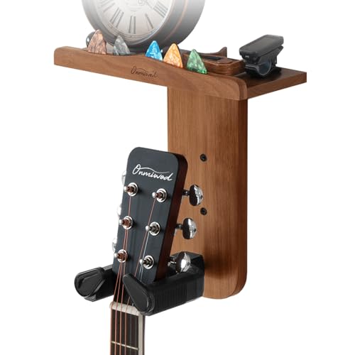 Onmiwod Guitar Wall Mount Auto Lock Guitar Hanger Wood Guitar Wall Hangers Shelf with Pick Holder Guitar Holder Wall Mount for Acoustic Electric Guitar Ukulele Bass Mandolin Gift