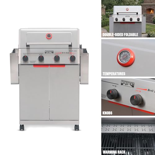 Image of Monument Grills 4 Burner Stainless Steel Propane Mesa 2 Gas Grill, 500F in 5 Mins, 525 sq.in, 37,000 BTU, Broil Zone, Foldable Side Shelves, Knob Controls, Built in Thermometer, with Grill Cover