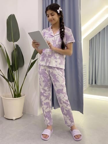 Image of Li'l Tomatoes Girls 100% Cotton Night Suit Set | Half Sleeve Shirt & Pyjama Set | Soft & Breathable Sleepwear | Casual Summer Wear | 9-16 Years