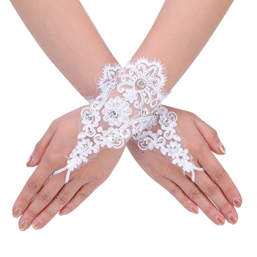 CHIC DIARY White Lace Rhinestone Gloves Women Bridal Fingerless Crystal Gloves for Wedding Party4