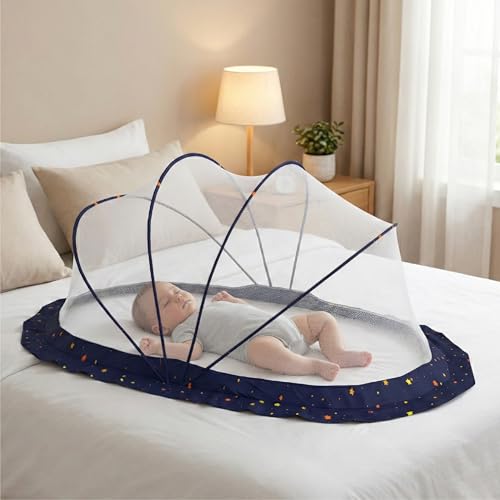 Image of Lifelong Cuppy Baby Mosquito Net for Kids 0-2 Years | Foldable & Bottomless with Soft Breathable Mesh | Lightweight, Portable & Sturdy Umbrella Net for Kids 90x60x45 cm (Blue, LLCMNK02)