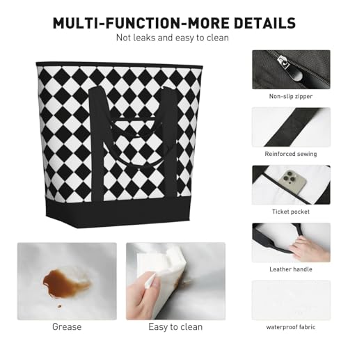 Black And White Diamond Pattern Large Capacity Insulated Shopping Tote Bag – Keeps Food Cold/Hot For Hours, Ideal For Travel, Groceries & Outdoor Use4