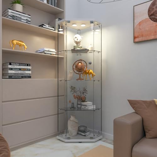 Image of LFT HUIMEI2Y 4-Tier Glass Corner Cabinet with LED&Lock, Display Case White