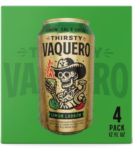 Image of Thirsty Vaquero, Lime, Salt & Chile Flavored soda (Limon Ladron), Mexican-inspired soda, Real Fruit Juice & Savory Spices, Made with Organic Agave, Low Calorie, Natural Juice, 12 oz Cans, 4-Pack