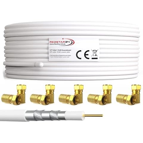 RedStar24 100m Koaxial SAT Kabel 135dB Digital Antennenkabel 5-Fach geschirmt für Ultra HD 4K DVB-S / S2 DVB-C/C2 und DVB-T BK Anlagen | Koaxialkabel Weiß inkl. 10 vergoldete F-Stecker (Weiß, 100m) Cover