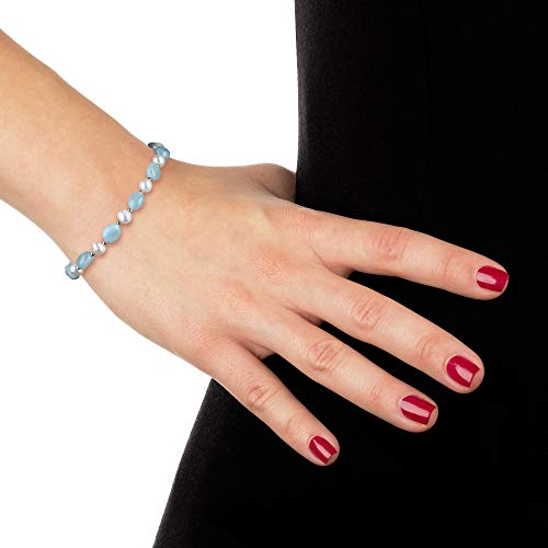 Belacqua Cultured Freshwater Pearl and Natural Milky Blue Aquamarine Strand Bracelet in Sterling Silver, Length - 7.5 Inches, Fishhook Clasp, Real Pearl Jewelry for Women, Gift Box Included3