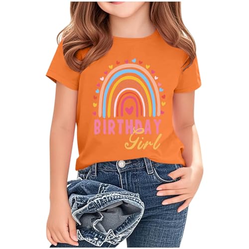 Birthday Girl T-Shirt, Girls Summer Short Sleeve Shirts Rainbow Graphic Tees Cotton Tshirts Gifts Tops